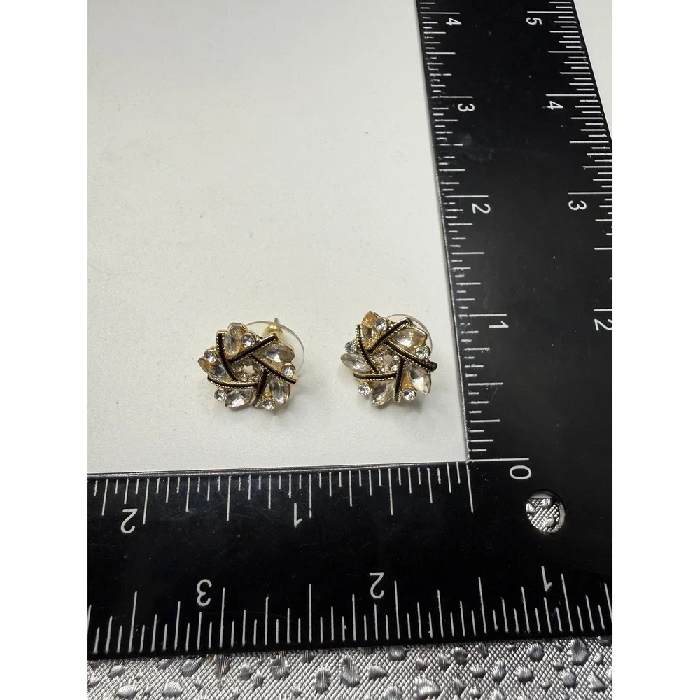 Vintage Gold Tone Crystal Pinwheel Stud Earrings Black Enamel Accent Statement - Picture 5 of 5
